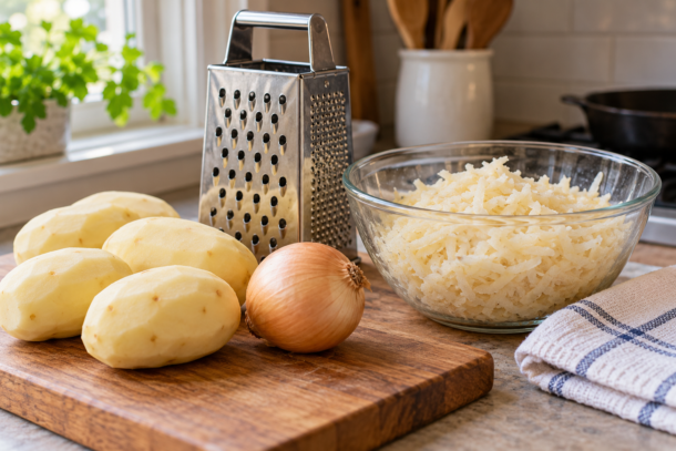 Illustration of peeled potatoes, an onion, a box grater and grated potato in a home kitchen
