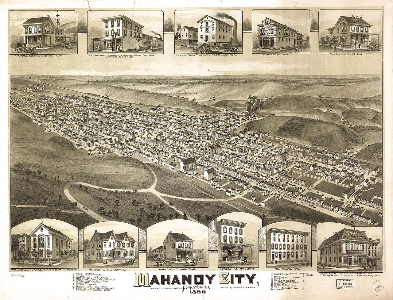 Bird’s-eye illustration of Mahanoy City, 1889