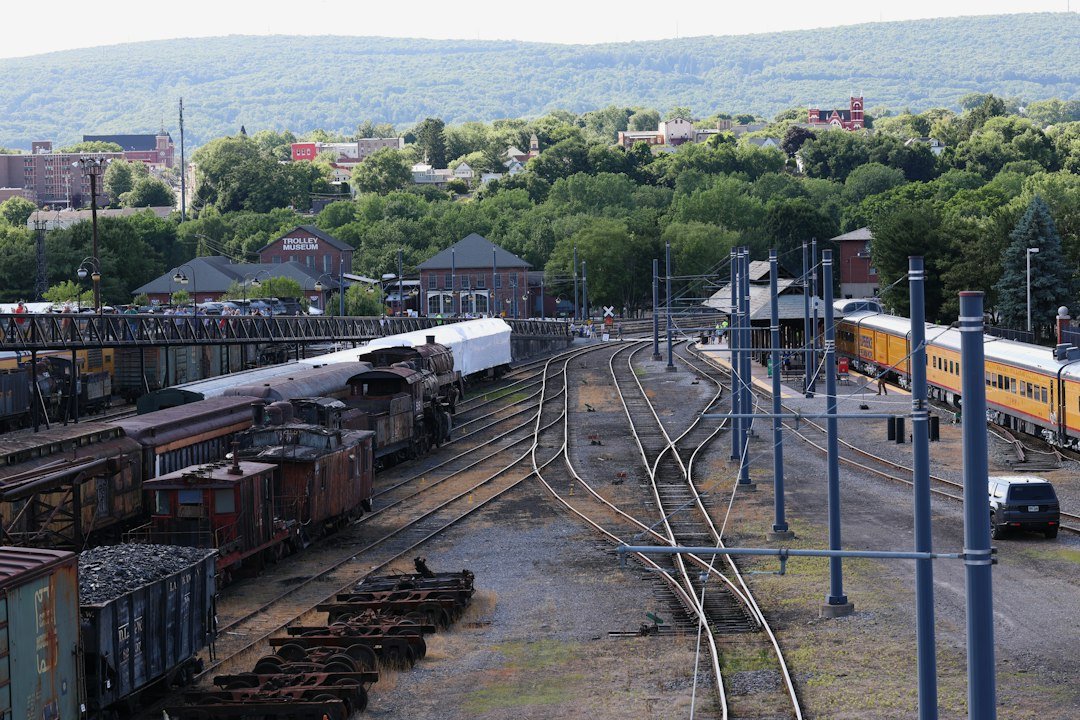 Railroad tracks and vintage railcars in Pennsylvania