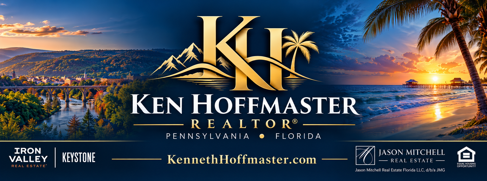 Ken Hoffmaster REALTOR Pennsylvania and Florida real estate banner with Iron Valley Real Estate Keystone and Jason Mitchell Real Estate logos